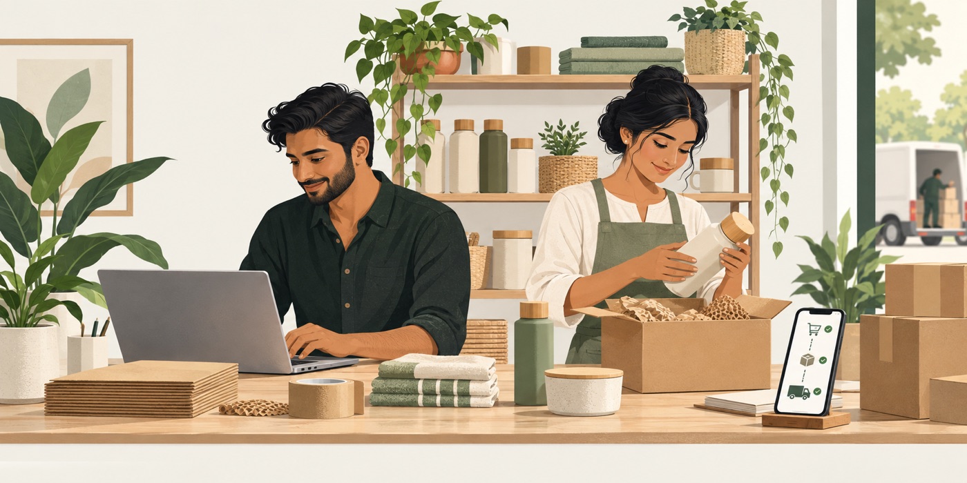 Illustration of a retail team connecting orders to packing