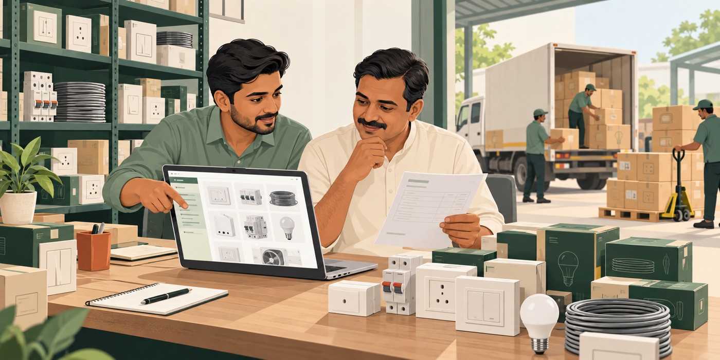 Illustration of a distributor checking a repeat order and catalogue