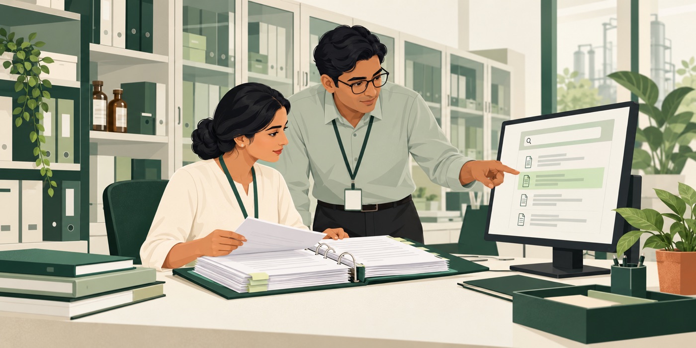 Illustration of a colleague checking an approved document and its source