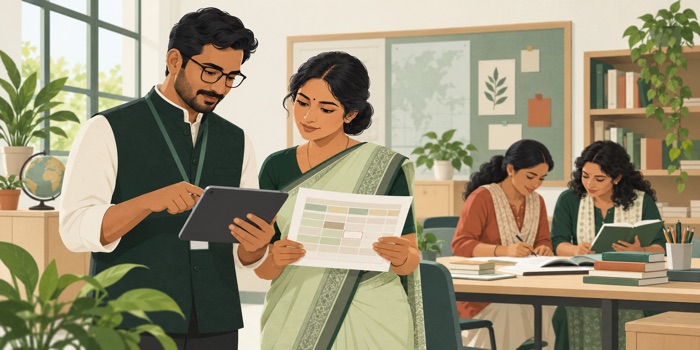Illustrated school staff discussing coordination at a desk