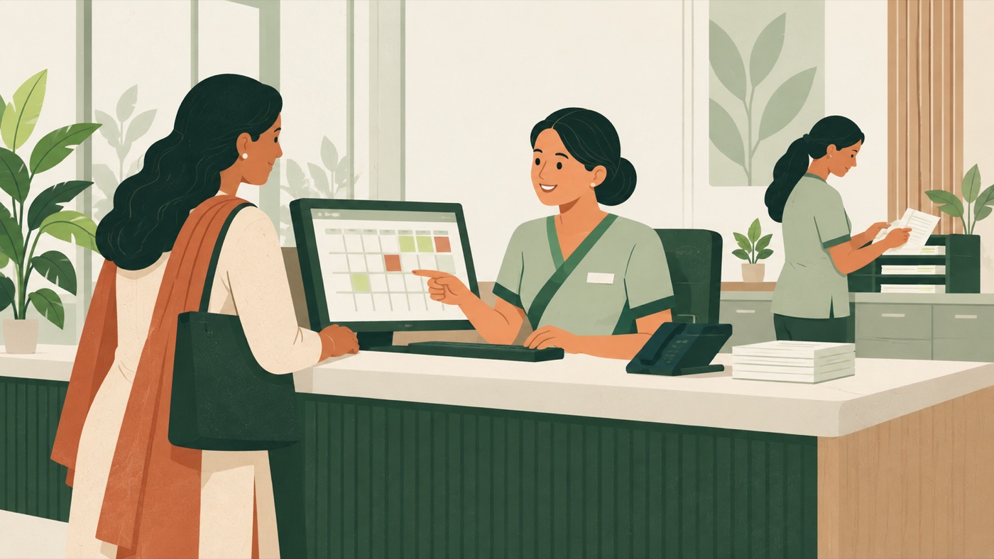 Illustration of hospital reception reviewing an appointment request