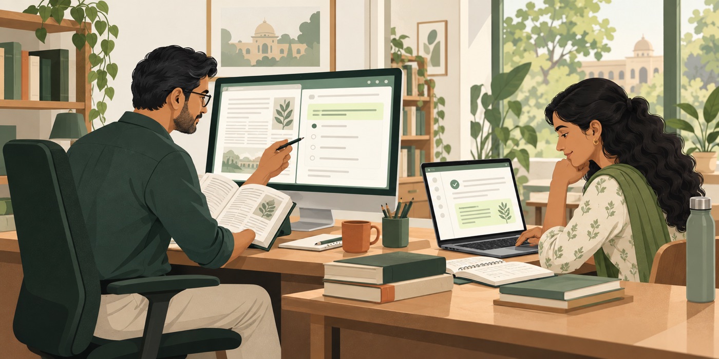 Illustration of an educator preparing material and a learner reviewing answers