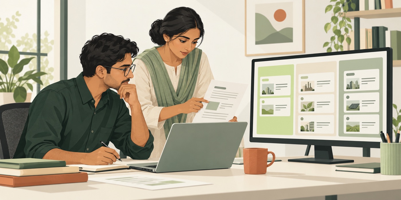 Illustration of an analyst reviewing sources for an opportunity brief
