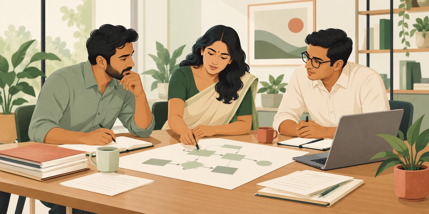 Illustration of colleagues reviewing a brief and agreeing the next step