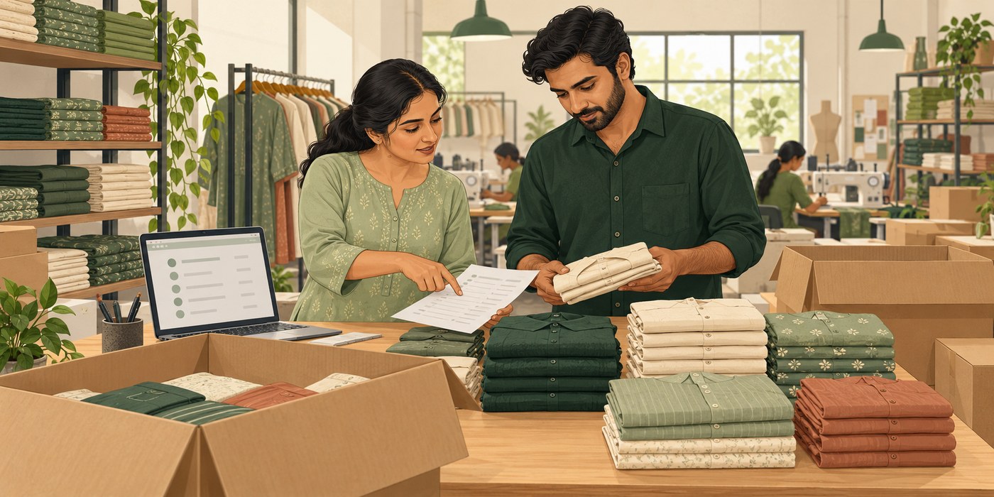 Illustration of textile colleagues checking a revised clothing order against folded garments before packing