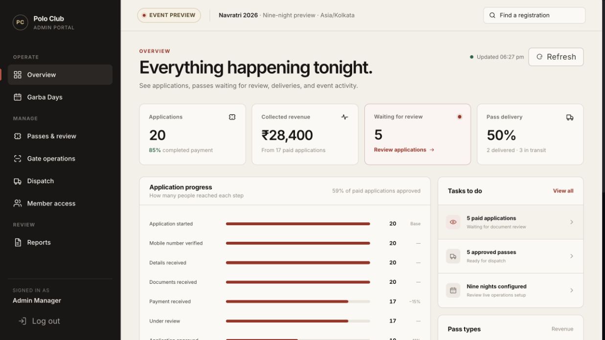 Actual local event dashboard with fictional applications, payment states and applications waiting for review