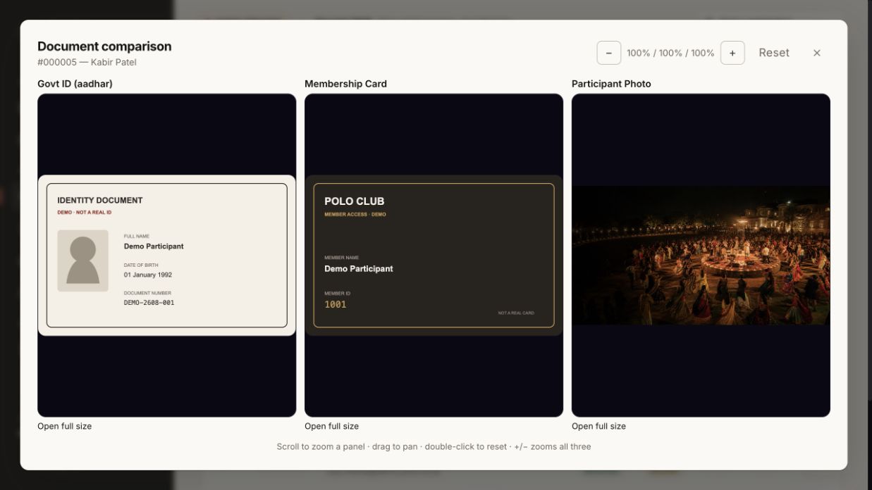 Actual document-comparison dialog with explicitly fictional identity and membership sample documents