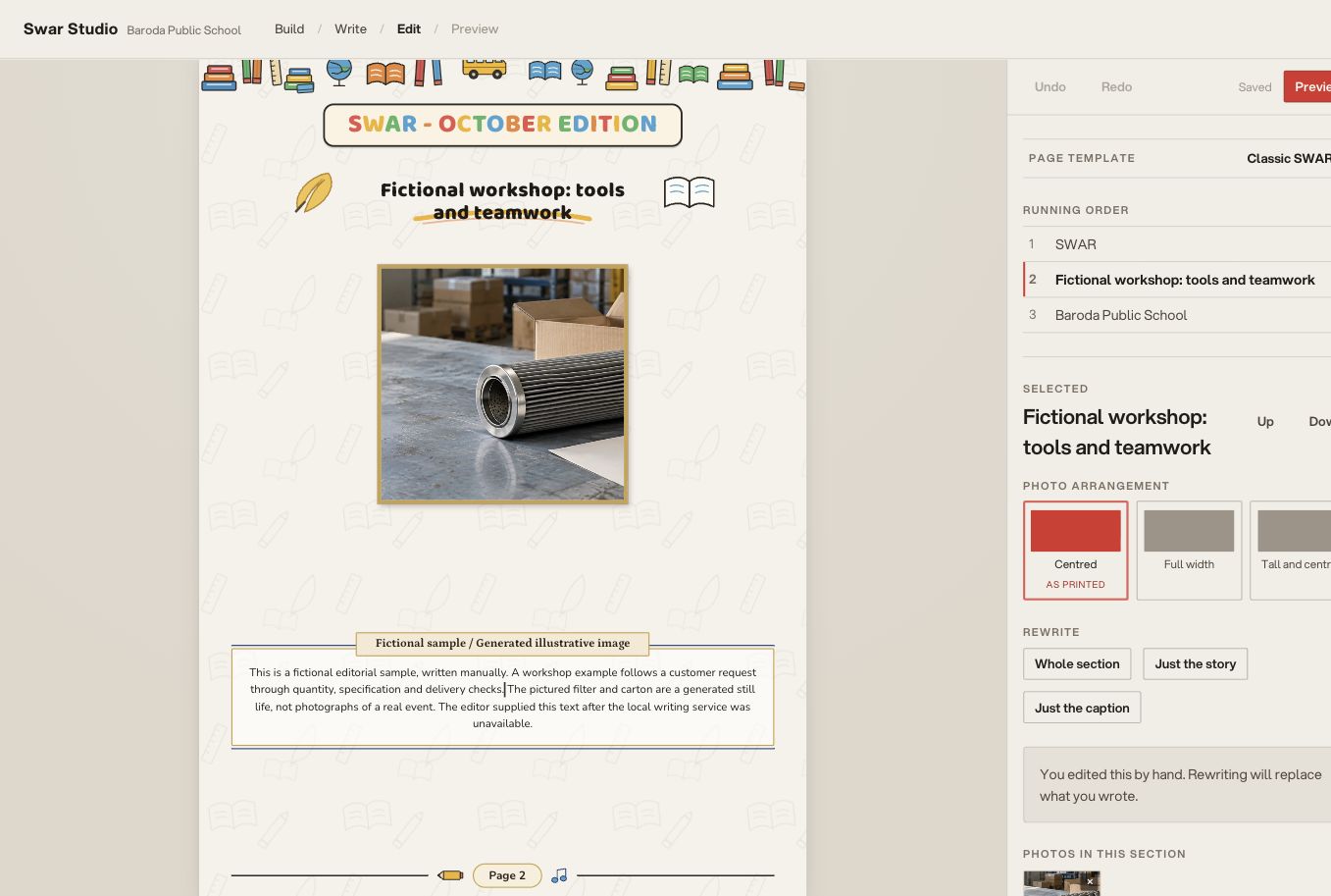 Actual local magazine editor showing manually supplied fictional text, a generated still-life image and the centred photo layout.