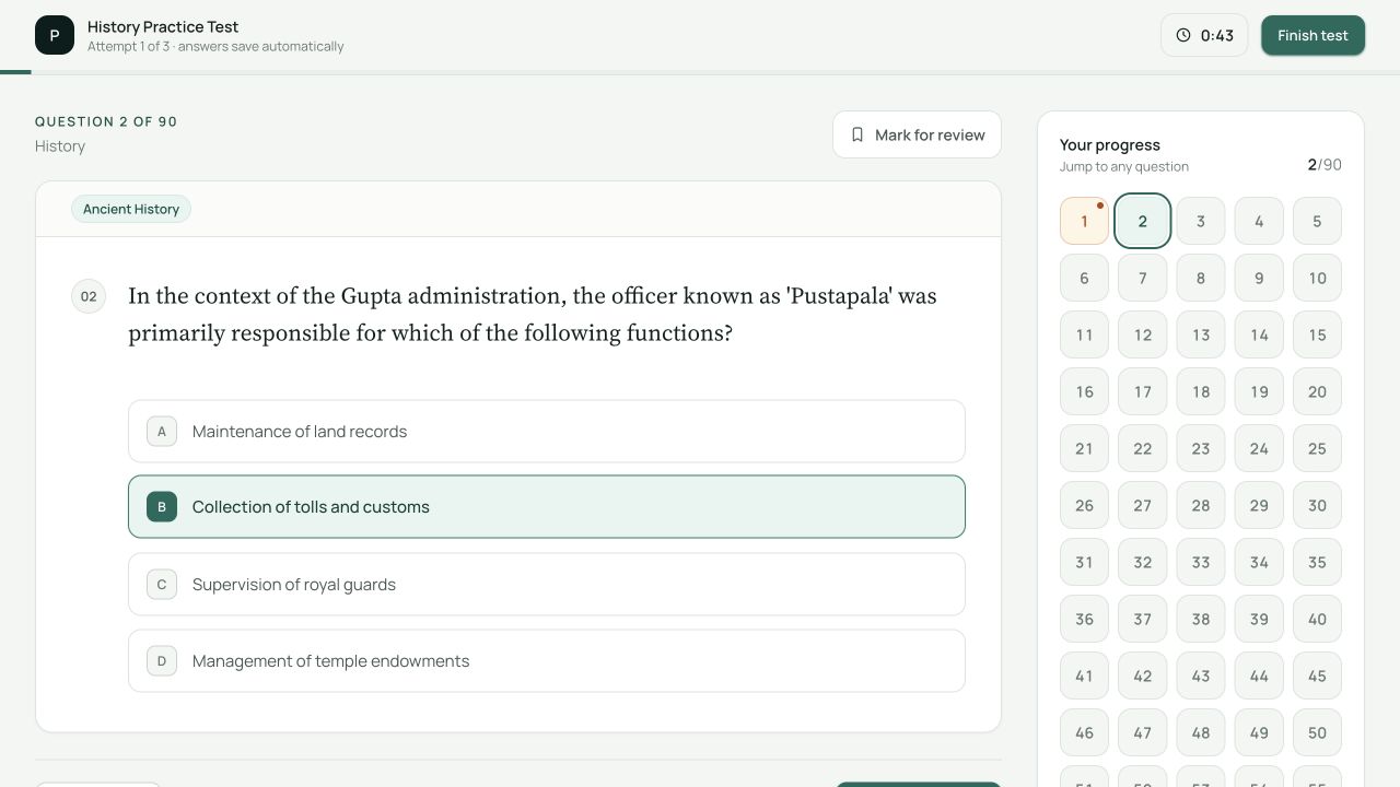 Actual question interface with the second answer selected and the first question marked for review