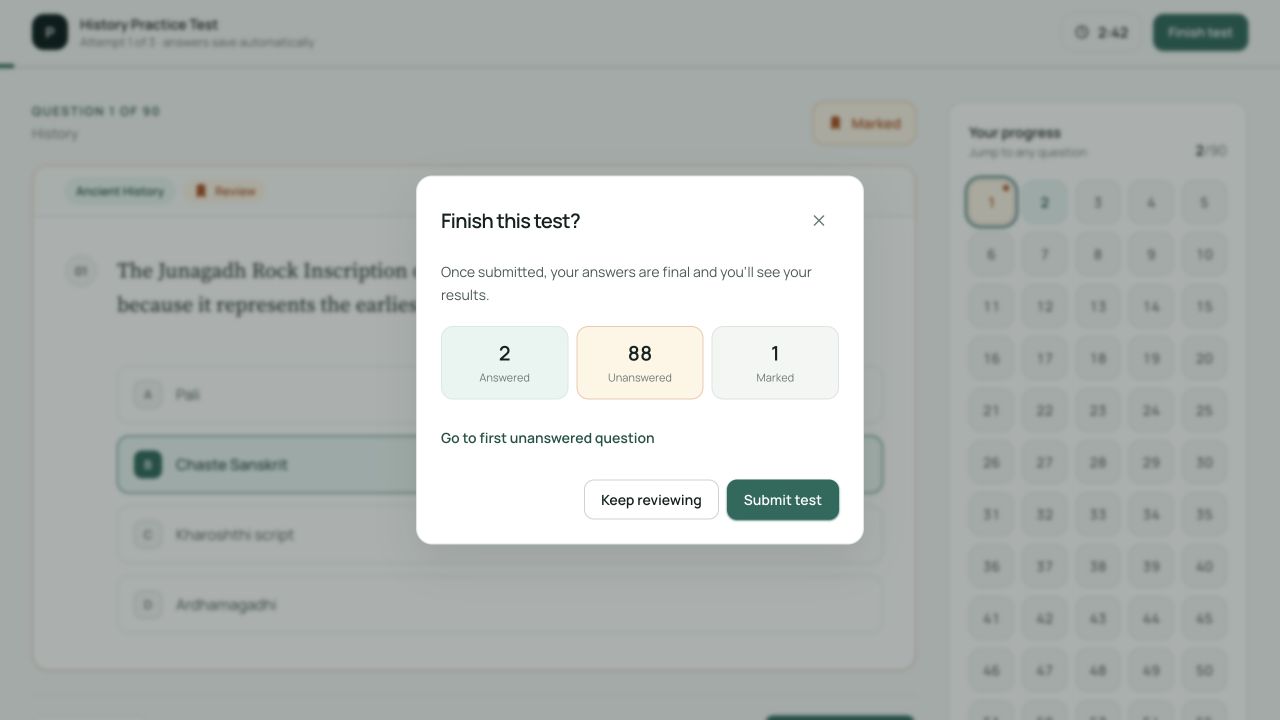 Actual finish-test dialog reporting two answered, 88 unanswered and one marked question, with keep-reviewing and submit controls