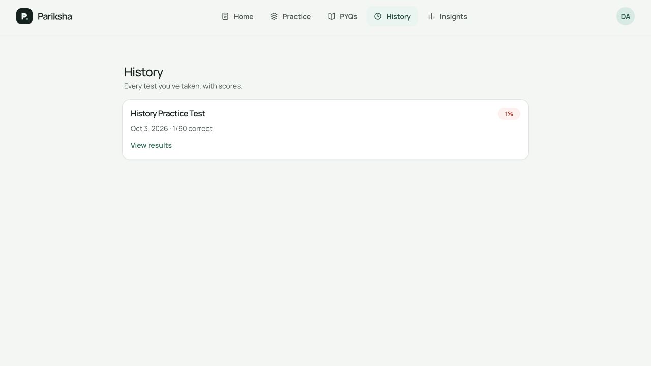 Actual history page showing the single test completed by the fresh fictional learner