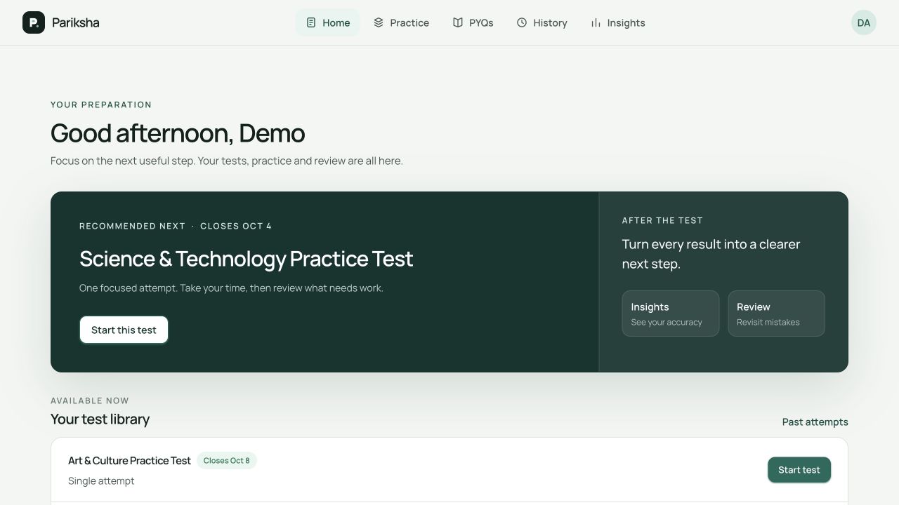 Actual local test library for Demo learner A, with available tests and a recommended next test